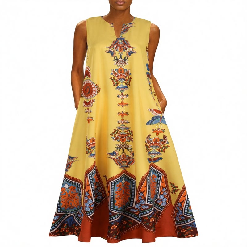 Women's Vintage Print V-Neck Sleeveless Dress with Pockets - Image 4