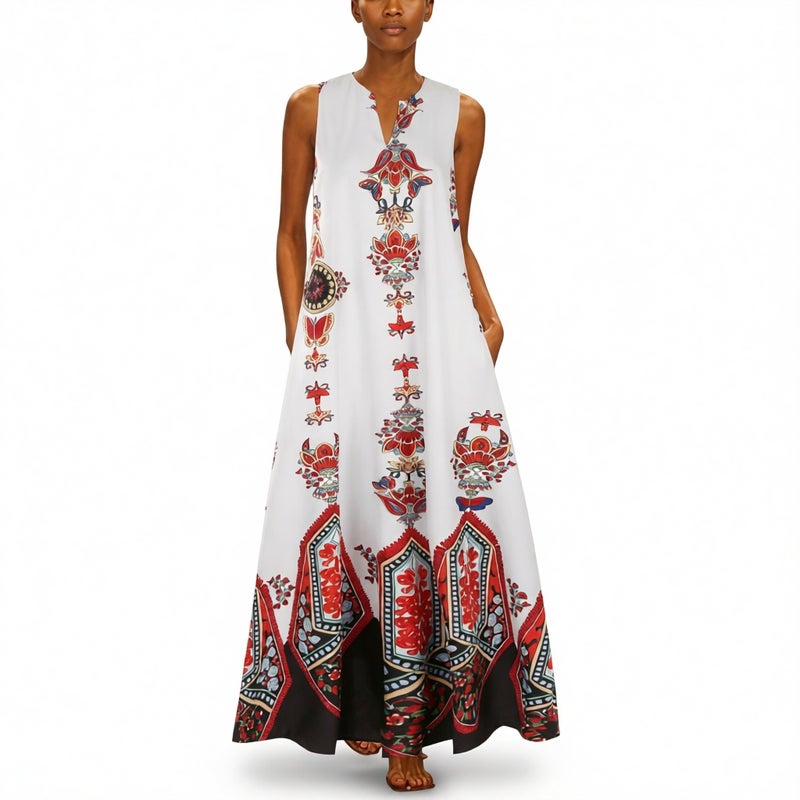 Women's Vintage Print V-Neck Sleeveless Dress with Pockets - Image 2