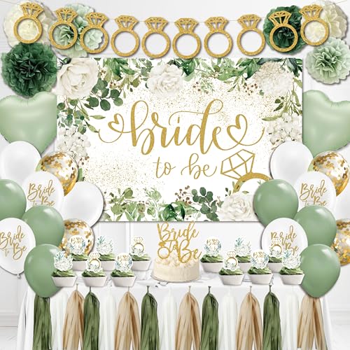 jenlion Sage Green Bridal Shower DecorationsBachelorette Party Decorations Bride to Be Backdrop Bridal Shower Balloons Paper Pom Poms Bride to Be Party Supplies for bridal shower - Image 1