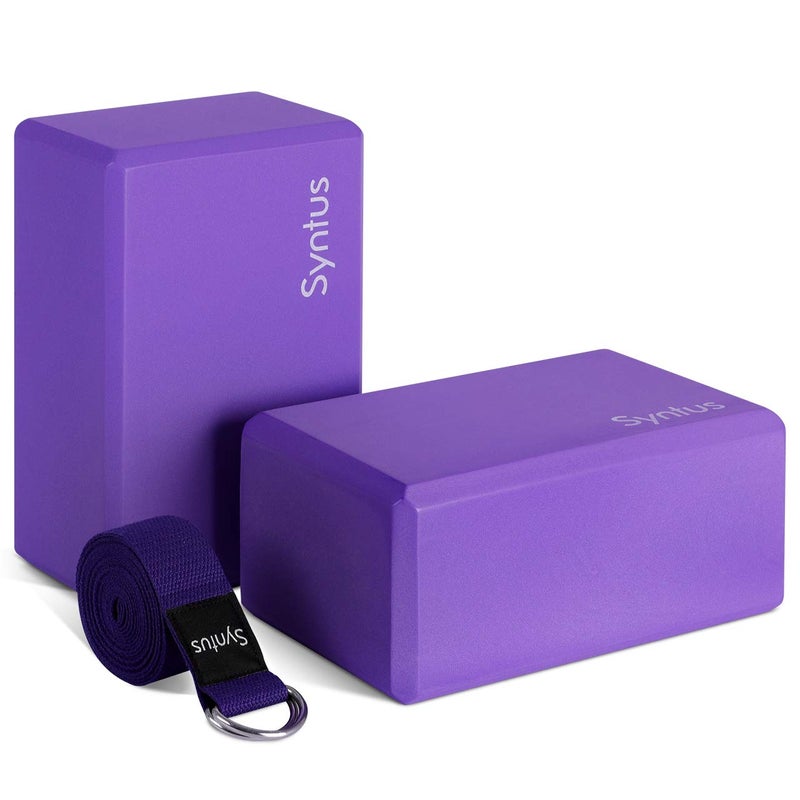 Syntus Yoga Block and Yoga Strap Set, 2 EVA Foam Soft Non-Slip Yoga Blocks 9×6×4 inches, 8FT Metal D-Ring Strap for Yoga, General Fitness, Pilates, Stretching and Toning, Purple - Image 1