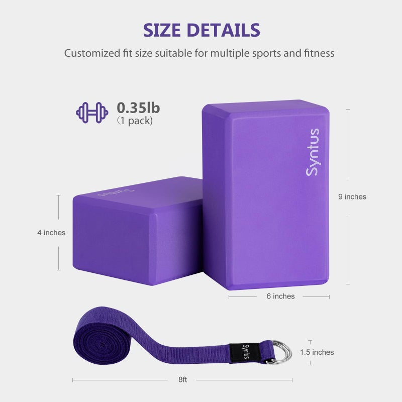 Syntus Yoga Block and Yoga Strap Set, 2 EVA Foam Soft Non-Slip Yoga Blocks 9×6×4 inches, 8FT Metal D-Ring Strap for Yoga, General Fitness, Pilates, Stretching and Toning, Purple - Image 2