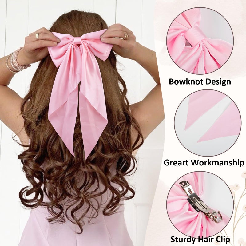 Tobeffect Pink Hair Bow for Women Girls, Valentine Big Satin Bow Clip with Long Tail Light Pink Hair Accessories - Image 4