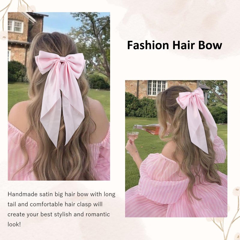 Tobeffect Pink Hair Bow for Women Girls, Valentine Big Satin Bow Clip with Long Tail Light Pink Hair Accessories - Image 2