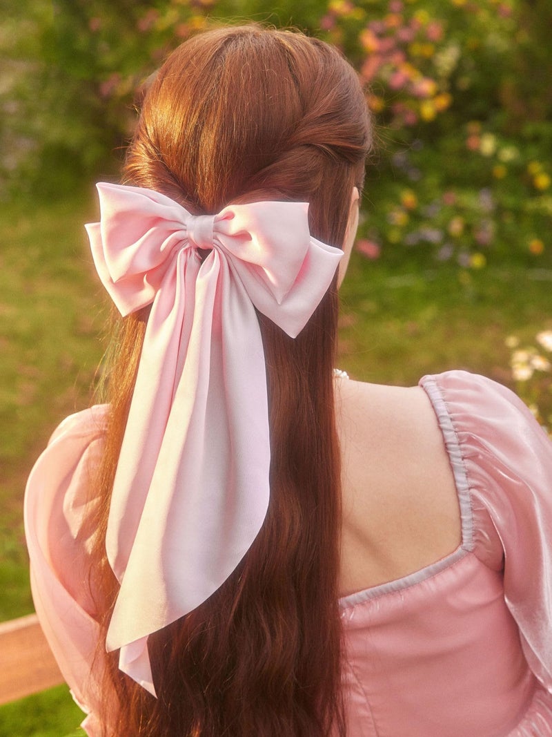 Tobeffect Pink Hair Bow for Women Girls, Valentine Big Satin Bow Clip with Long Tail Light Pink Hair Accessories - Image 5