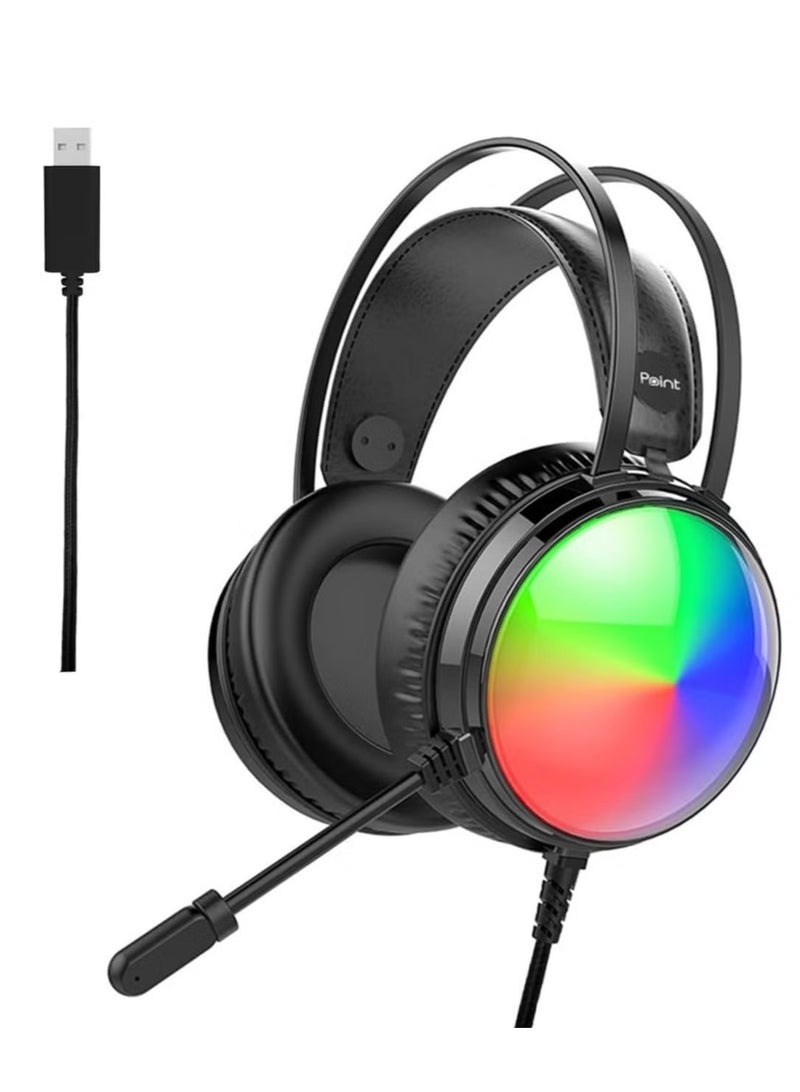 Point PT-010 7.1 Gaming Headset - 50mm High-Magnetic Driver - 360° Adjustable Microphone - Comfortable and Lightweight Design - Cool RGB Lighting - USB Port - Black - Image 1