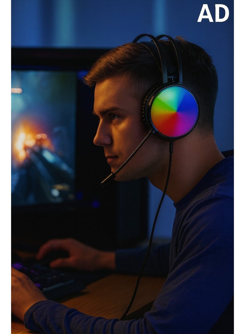 Point PT-010 7.1 Gaming Headset - 50mm High-Magnetic Driver - 360° Adjustable Microphone - Comfortable and Lightweight Design - Cool RGB Lighting - USB Port - Black - Image 2