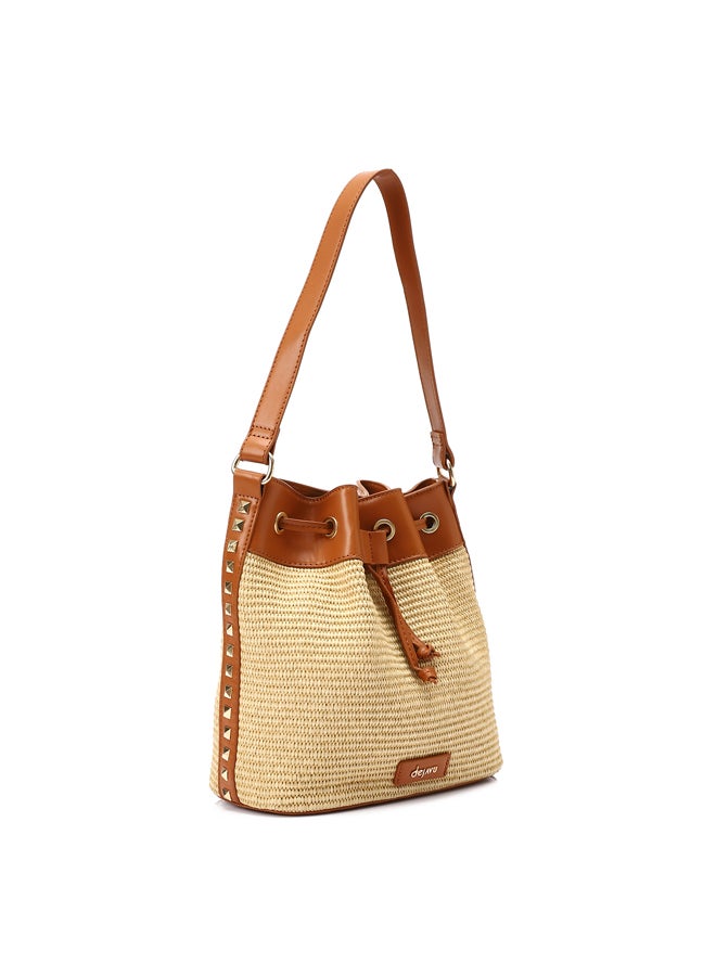 DejaVu Sided Studded Drawstring Closure Shoulder Bag - Beige & Camel - Image 1