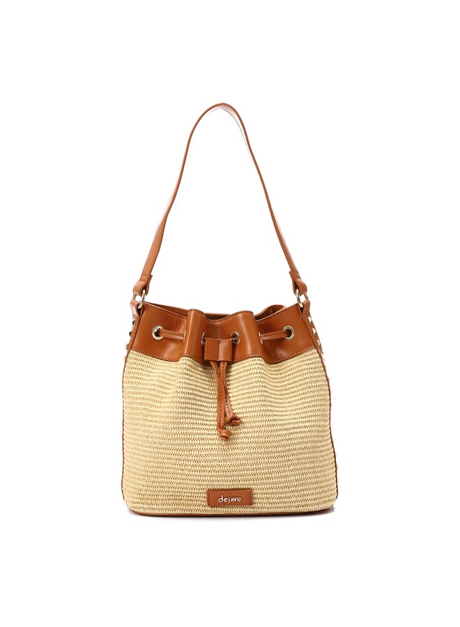 DejaVu Sided Studded Drawstring Closure Shoulder Bag - Beige & Camel - Image 5
