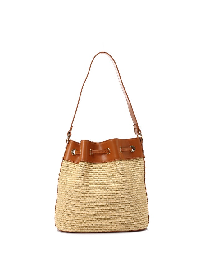 DejaVu Sided Studded Drawstring Closure Shoulder Bag - Beige & Camel - Image 2