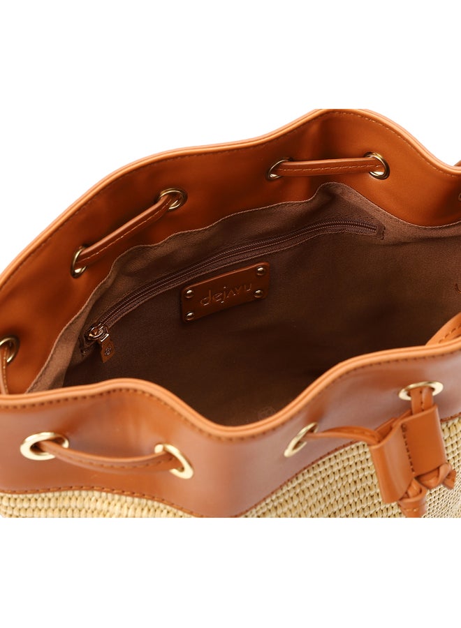 DejaVu Sided Studded Drawstring Closure Shoulder Bag - Beige & Camel - Image 4