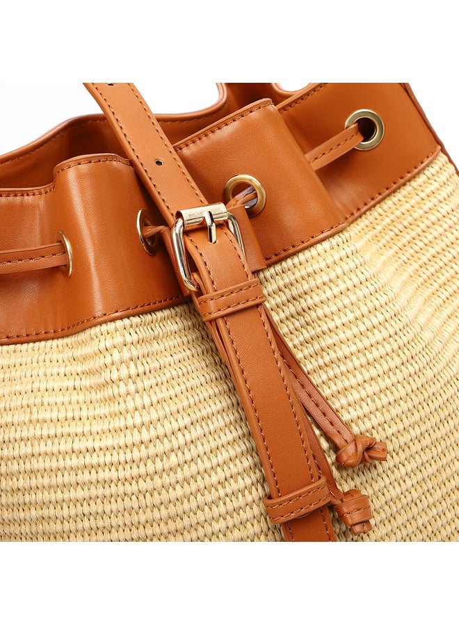 DejaVu Sided Studded Drawstring Closure Shoulder Bag - Beige & Camel - Image 3