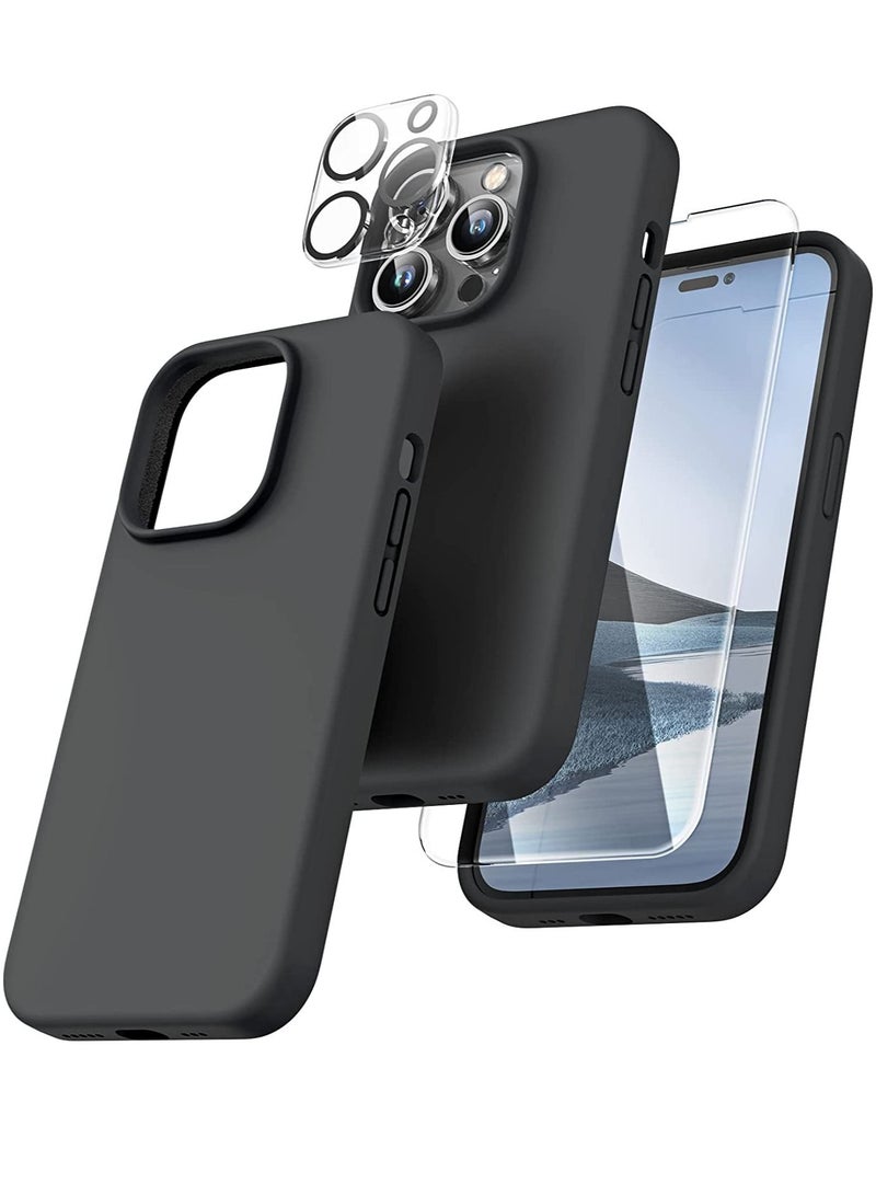 5 in 1 for iPhone 14 Pro Case, with 2 Pack Tempered Screen Protector + 2 Pack Camera Lens Protector, Liquid Silicone Slim Shockproof Cover [Anti-Scratch] [Drop Protection] 6.1", Space Black - Image 1