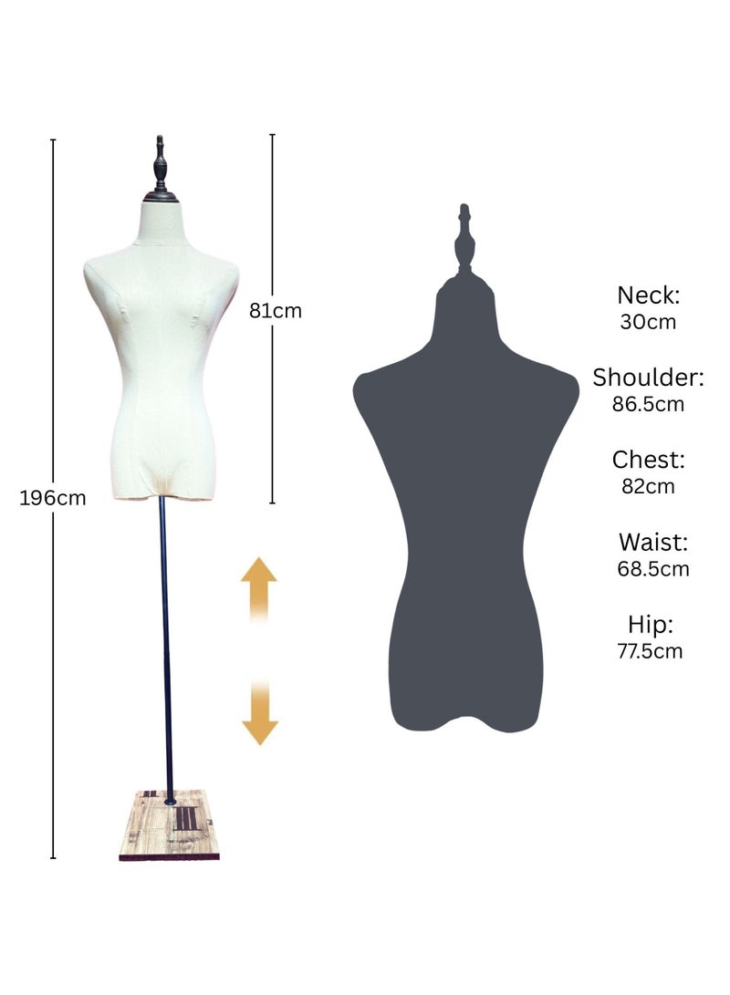 أورتوك مانيكان عرض ملابس نسائي بطول 196 سم، ارتفاع قابل للتعديل، جسم قابل للتثبيت بالدبابيس، قاعدة خشبية، رأس قابل للفصل - Image 5