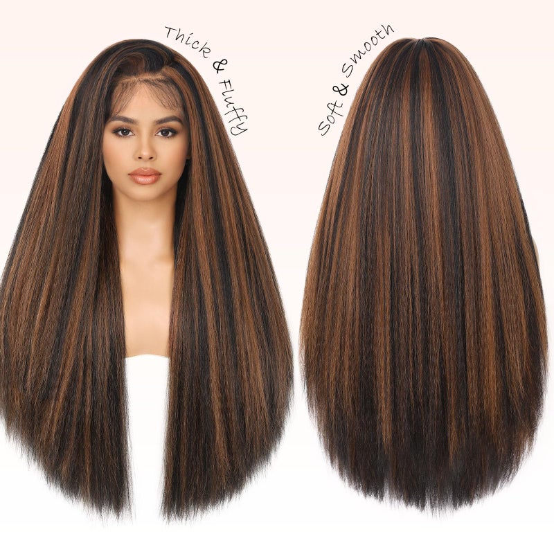 WIGNEE Full Lace Kinky Straight Wig 30 Inch Synthetic Yaki Straight Wig 180% Density Pre-Plucked Kinky Wig with Baby Hair Yaki Wigs For Black Women Daily Use(Brown Highlight) - Image 2