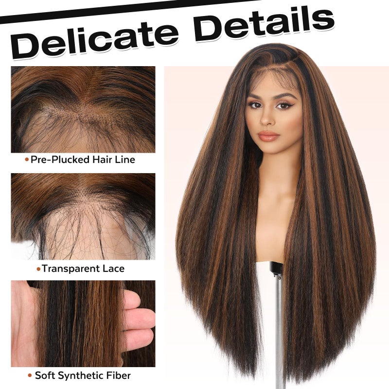 WIGNEE Full Lace Kinky Straight Wig 30 Inch Synthetic Yaki Straight Wig 180% Density Pre-Plucked Kinky Wig with Baby Hair Yaki Wigs For Black Women Daily Use(Brown Highlight) - Image 4