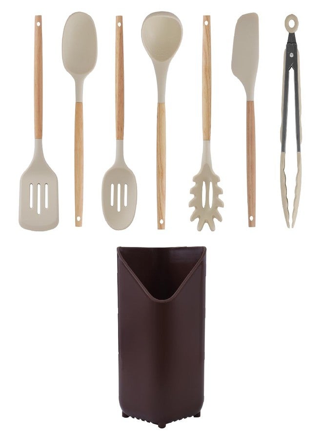 Glad Silicone Kitchen Utensils Set, 8pcs - Nonstick Cooking Tools with Wooden Handles and Utensil Holder - Spatula Set with Turner, Ladle, Spoons, Tongs, and Spaghetti Server - Beige - Image 5