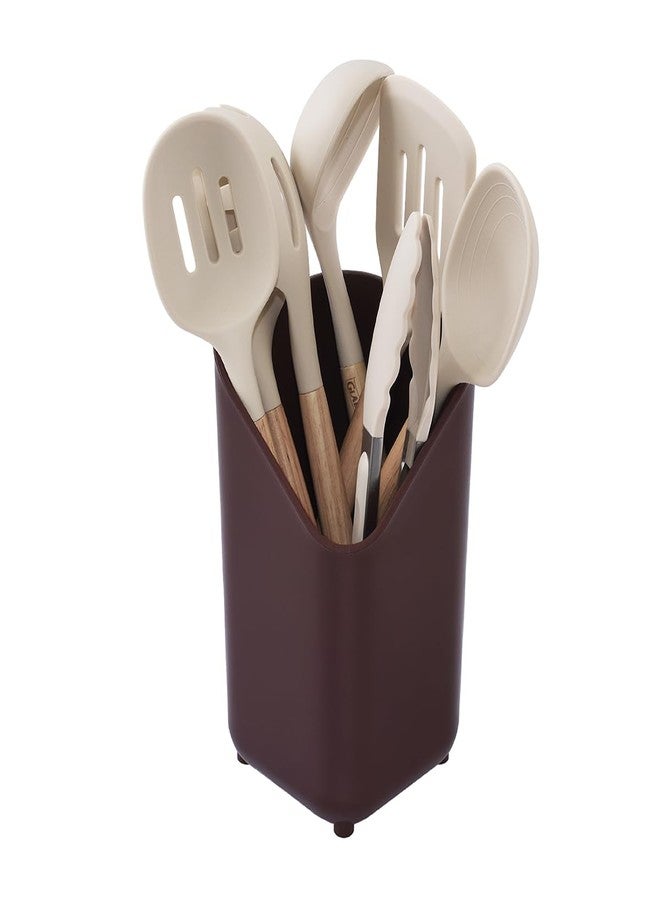 Glad Silicone Kitchen Utensils Set, 8pcs - Nonstick Cooking Tools with Wooden Handles and Utensil Holder - Spatula Set with Turner, Ladle, Spoons, Tongs, and Spaghetti Server - Beige - Image 1