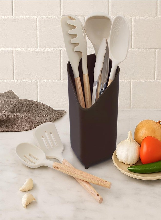 Glad Silicone Kitchen Utensils Set, 8pcs - Nonstick Cooking Tools with Wooden Handles and Utensil Holder - Spatula Set with Turner, Ladle, Spoons, Tongs, and Spaghetti Server - Beige - Image 3
