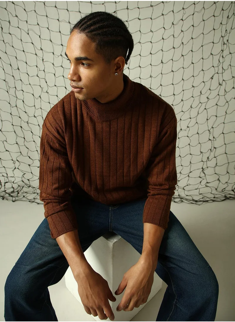 هوبرهولمي Men's Brown 100% Acrylic Solid Oversized Sweater