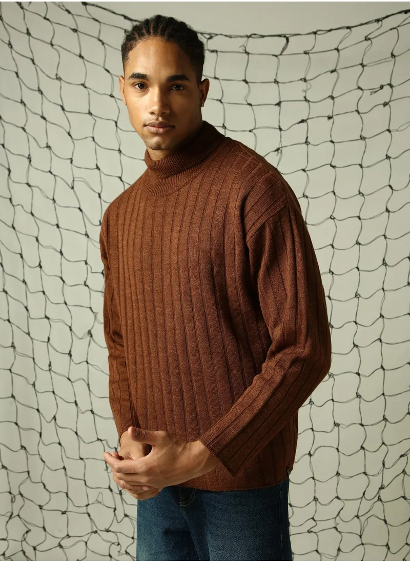 هوبرهولمي Men's Brown 100% Acrylic Solid Oversized Sweater