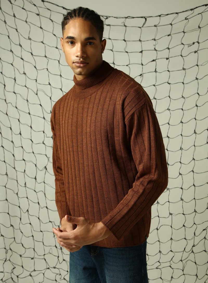 Hubberholme Men's Brown 100% Acrylic Solid Oversized Sweater - Image 2
