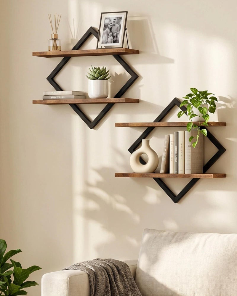 CHOEZON Floating Shelves Set of 2 Wall Shelves 2Tier Hanging Shelves Wall Shelf Set of 2 Wall Mounted Shelves for Living Room Bedroom Kitchen Office Study Rustic Brown TBJ01P2BF - Image 2