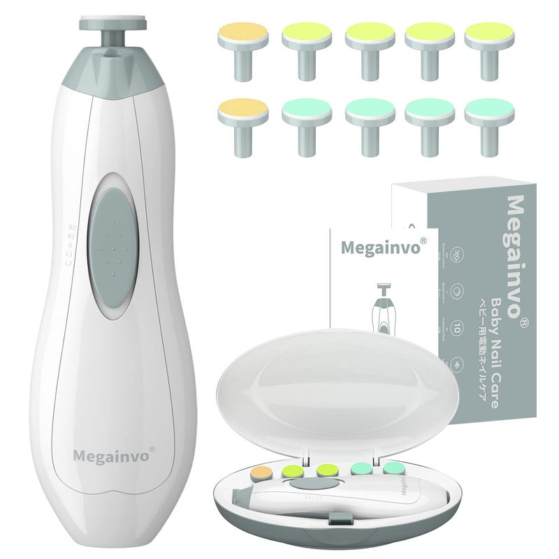 Megainvo Baby Nail Trimmer Electric Baby Nail File with LED Light 10 Grinding Heads Baby Nail Clippers Safe Quiet Nail Care Kit for Newborn Toddler Kids Toes Fingernails Battery Operated Not Included  Grey - Image 1