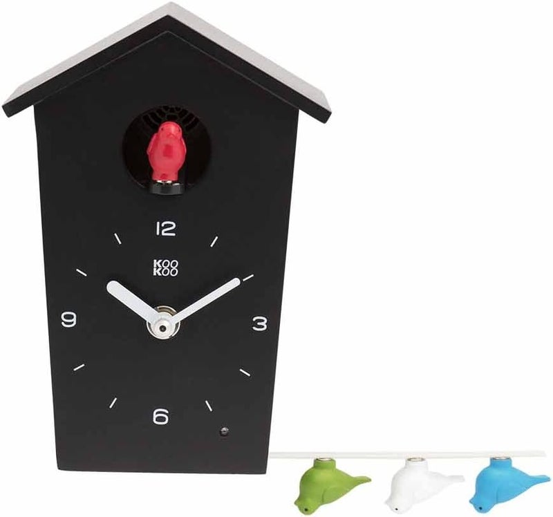 KOOKOO Birdhouse Mini Black, Tiny Modern Cuckoo Clock with 12 Natural Bird Songs or Cuckoo Call - Image 1