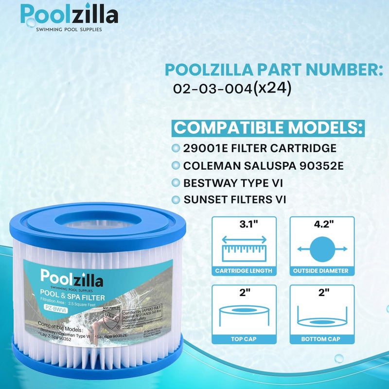 Poolzilla 24-Pack Spa Filter Cartridge Replacement for Bestway Type VI, 29001E, Coleman SaluSpa 90352E, 58323E, 58323, 58324,Sunset Filters VI, Volca Spares Size VI, Lay-Z Spa (L x OD: 3.1â€ x 4.2â€) - Image 2