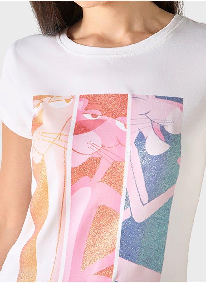 SP Characters Pink Panther Print Crew Neck T-Shirt  - Image 3