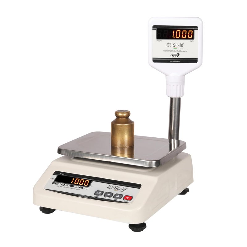 Iscale ميزان وزن تجاري i-03P 30 كجم × 1 جرام | قابل للشحن مع عرض مزدوج أمامي وعمود | حجم صغير 7x9 بوصة | مثالي للوزن من 5-10 كجم في المتاجر | مع شهادة المعايرة - Image 1