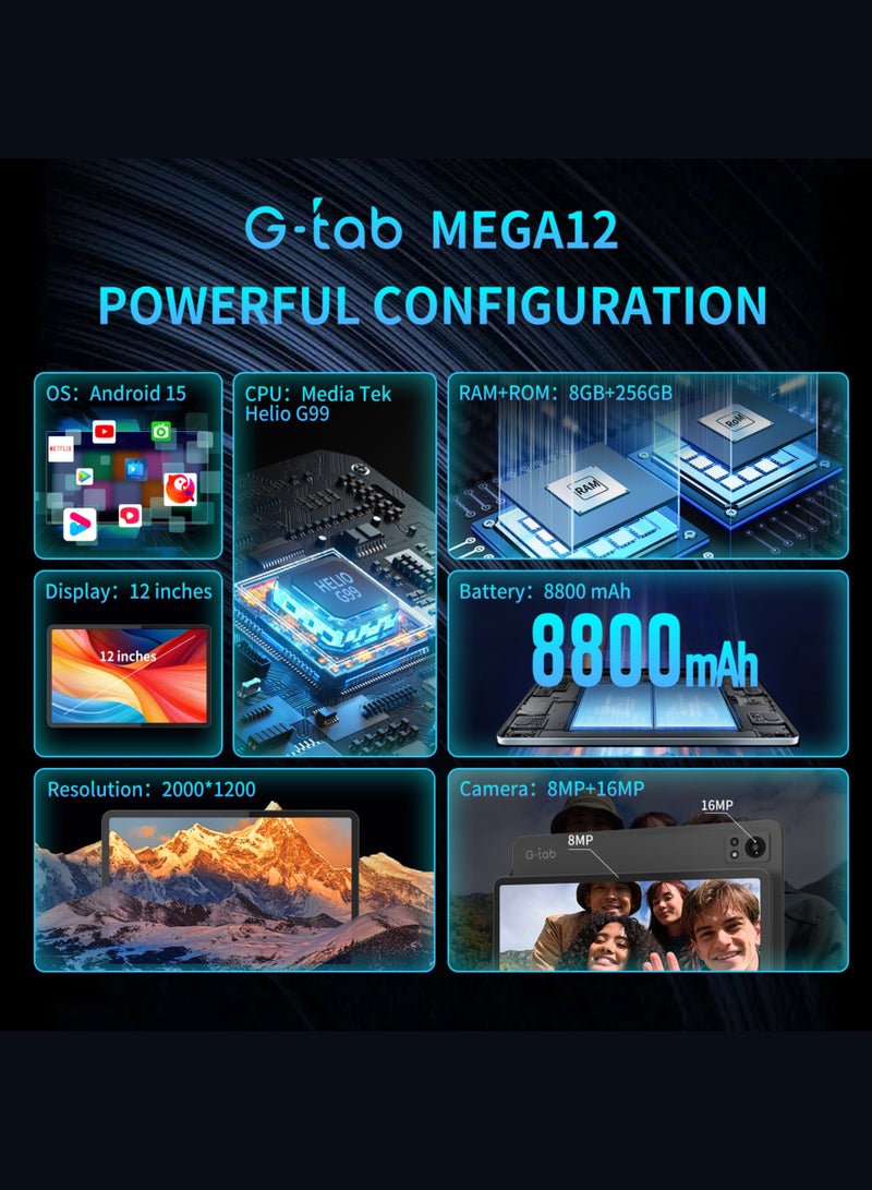 G-Tab MEGA12 12-Inch Android 15 Tablet – 256GB ROM, 16GB RAM (8+8), MTK Helio G99, 8800mAh, 90Hz Display, 4G LTE, Dual Camera (16MP+8MP), With Detachable Premium Keyboard - Image 5