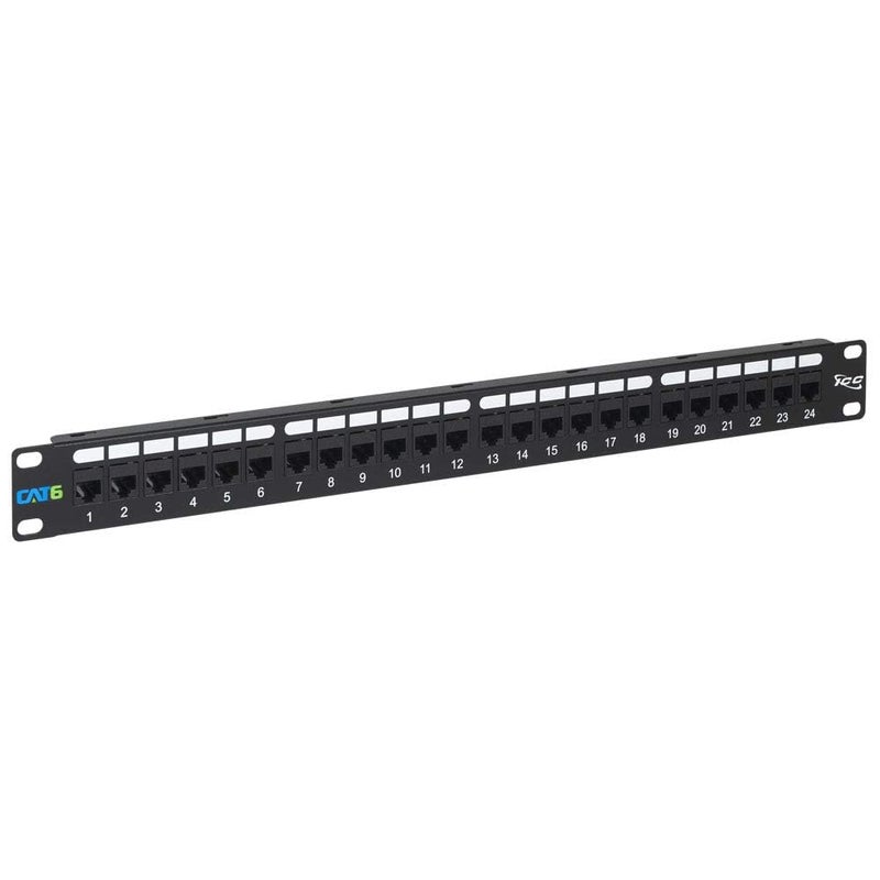 ICC CAT6 Feed-Through Patch Panel with 24 Ports, 1U Horizontal Rackmount, No Punch Down, RJ-45 to RJ-45 Connections, TIA-Rated, PoE++ and TAA Compliant, Black - Image 1