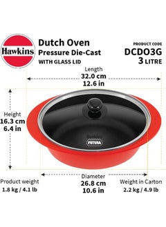 Hawkins 3 Liters Dutch Oven Pressure Die-Cast With Glass Lid,Red  - Image 3