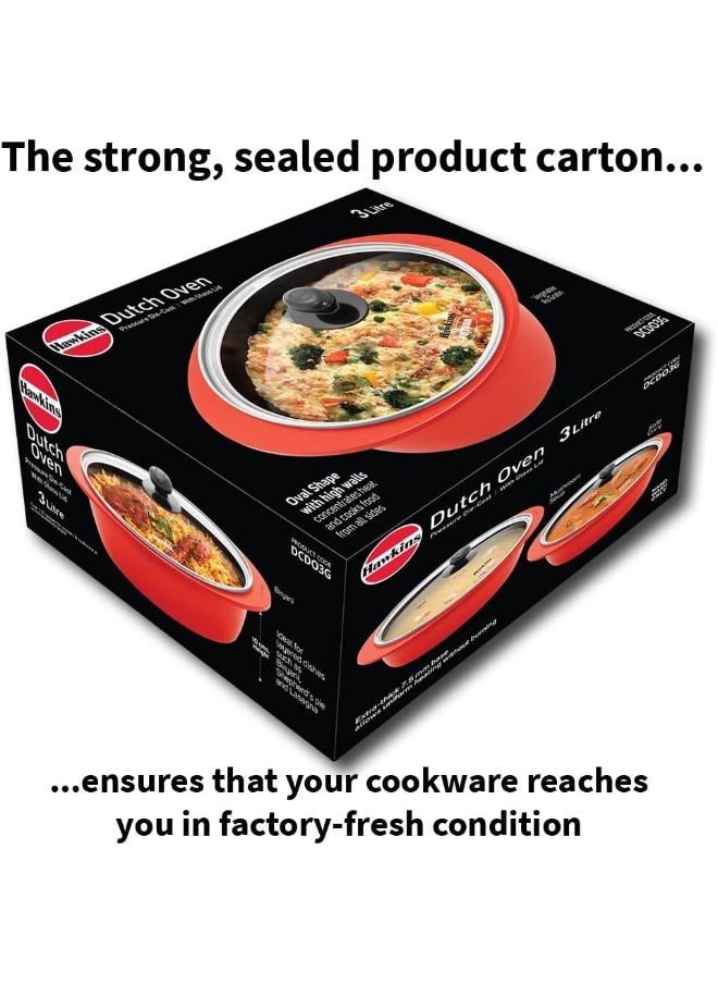 Hawkins - 3 Liters Dutch Oven Pressure Die-Cast With Glass Lid,Red - Image 1