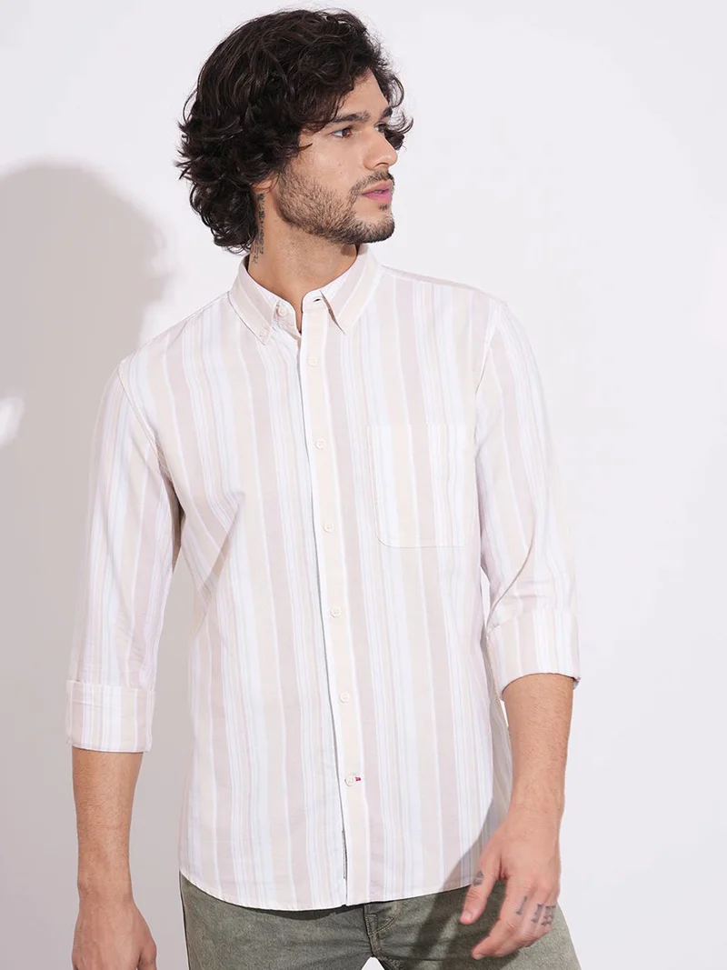 Being Human Men Vertical Striped Button-Down Collar Pure Cotton Casual Shirt