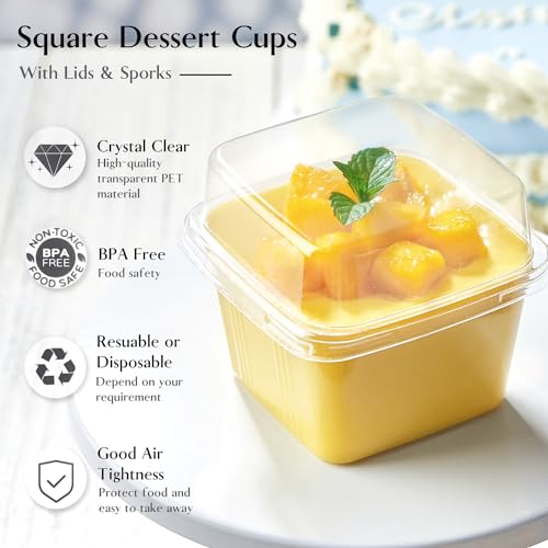 TOFLEN 50Ct 8 oz Square Plastic Dessert Cups with Lids and Sporks, Clear Plastic Yogurt Parfait Cups Cake Cups for Mousse, Fruit, Banana Pudding Cups - Image 3