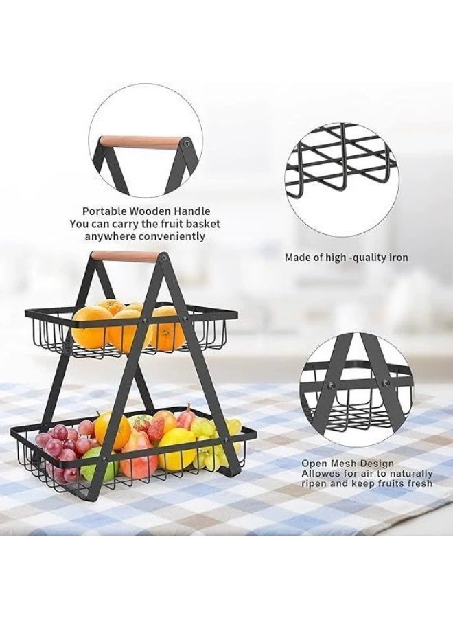 سلة فواكه من طبقتين بتصميم عصري – حامل فاكهة وخضروات كبير مع مقبض خشبي - Image 2