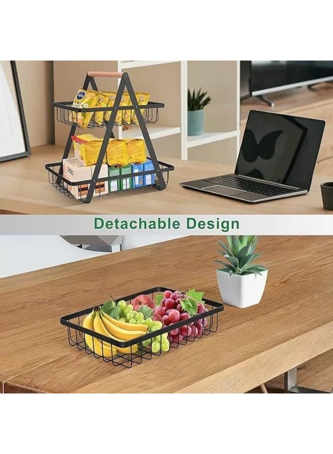 سلة فواكه من طبقتين بتصميم عصري – حامل فاكهة وخضروات كبير مع مقبض خشبي - Image 3