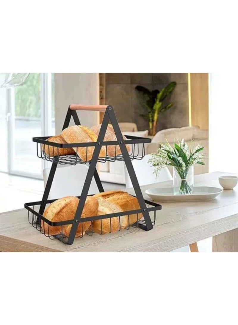 سلة فواكه من طبقتين بتصميم عصري – حامل فاكهة وخضروات كبير مع مقبض خشبي - Image 4