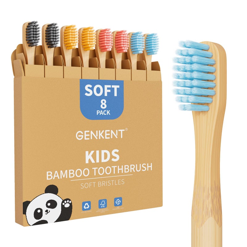 GENKENT 8 Counts Kids Bamboo Toothbrushes BPA Free Soft Bristles Travel Tooth Brush Natural Charcoal Toothbrush - Image 1
