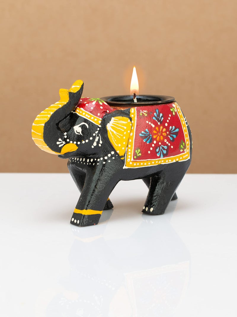 JH Gallery Home Decor Handcrafted and Hand-Painted Colorful Wooden Elephant Tea Light Holder (4 Inches, Green, Pack of 1) - Image 1