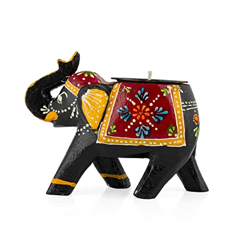 JH Gallery Home Decor Handcrafted and Hand-Painted Colorful Wooden Elephant Tea Light Holder (4 Inches, Green, Pack of 1) - Image 2