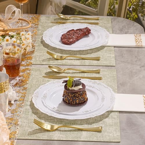Fijinhom 350 PCS White and Gold Disposable Plates, Elegant Dinnerware Set for 50 Guests, 100 Plastic Plates, 150 Silverware, 50 Cups & 50 Paper Napkins, White and Gold - Image 5
