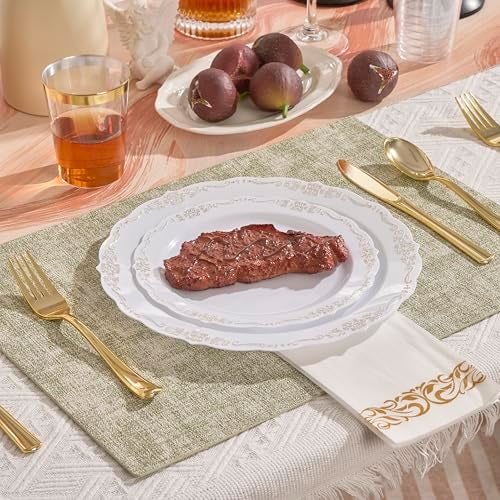Fijinhom 350 PCS White and Gold Disposable Plates, Elegant Dinnerware Set for 50 Guests, 100 Plastic Plates, 150 Silverware, 50 Cups & 50 Paper Napkins, White and Gold - Image 2