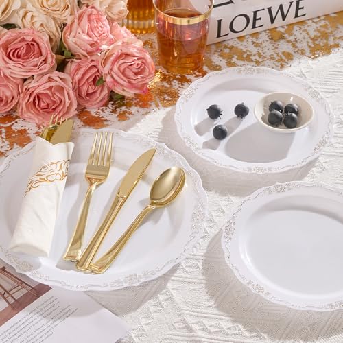 Fijinhom 350 PCS White and Gold Disposable Plates, Elegant Dinnerware Set for 50 Guests, 100 Plastic Plates, 150 Silverware, 50 Cups & 50 Paper Napkins, White and Gold - Image 4