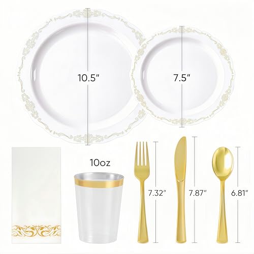 Fijinhom 350 PCS White and Gold Disposable Plates, Elegant Dinnerware Set for 50 Guests, 100 Plastic Plates, 150 Silverware, 50 Cups & 50 Paper Napkins, White and Gold - Image 3