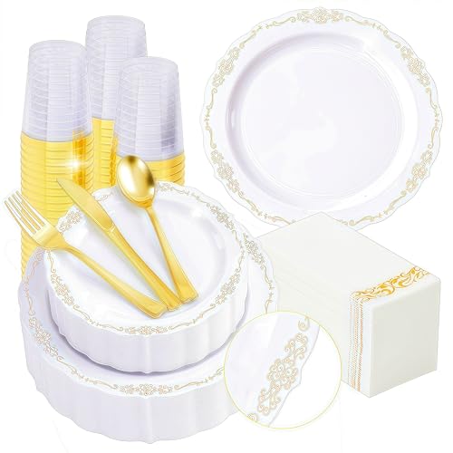 Fijinhom 350 PCS White and Gold Disposable Plates, Elegant Dinnerware Set for 50 Guests, 100 Plastic Plates, 150 Silverware, 50 Cups & 50 Paper Napkins, White and Gold - Image 1
