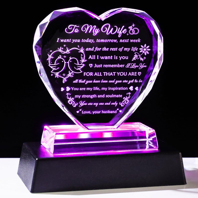 YWHL Gifts for Wife from Husband Birthday Gifts for Wife Crystal Keepsake Anniversary Present with Colorful LED Base Romantic I Love You Gift for Her on Valentines Mothers Day Christmas