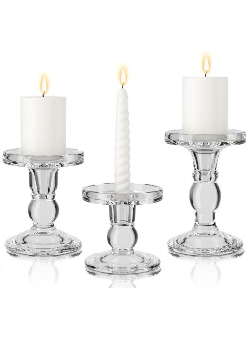 XiuWoo 3pc Clear Glass Candlestick Holders Set for Taper Candles Pillar Candles Tealight Candles Candle Holder Wedding, Dinning and Decoration Fit 0.9 to 2.8 inch Premium Multipurpose Candles  - Image 3